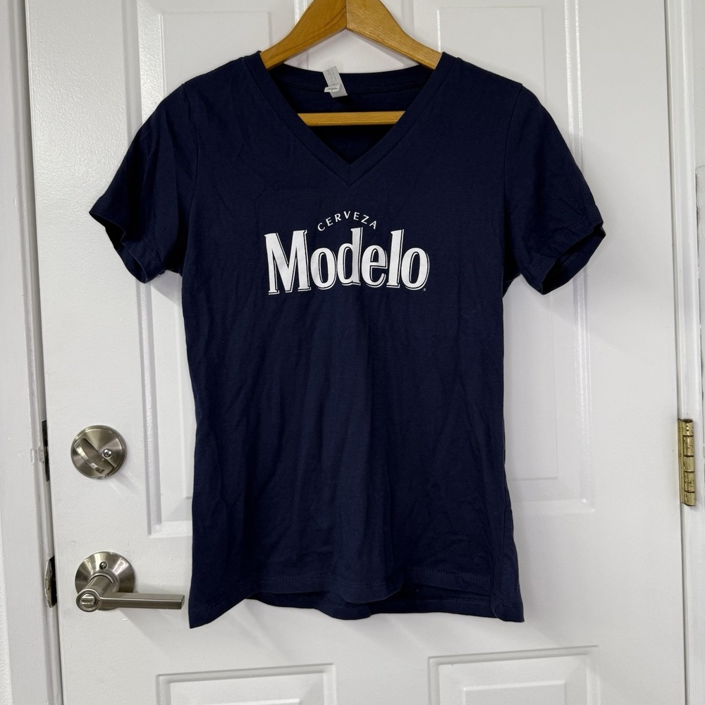 Modelo Cerveza Brand Ambassador T-shirt Navy Blue & White Women's V-neck Small